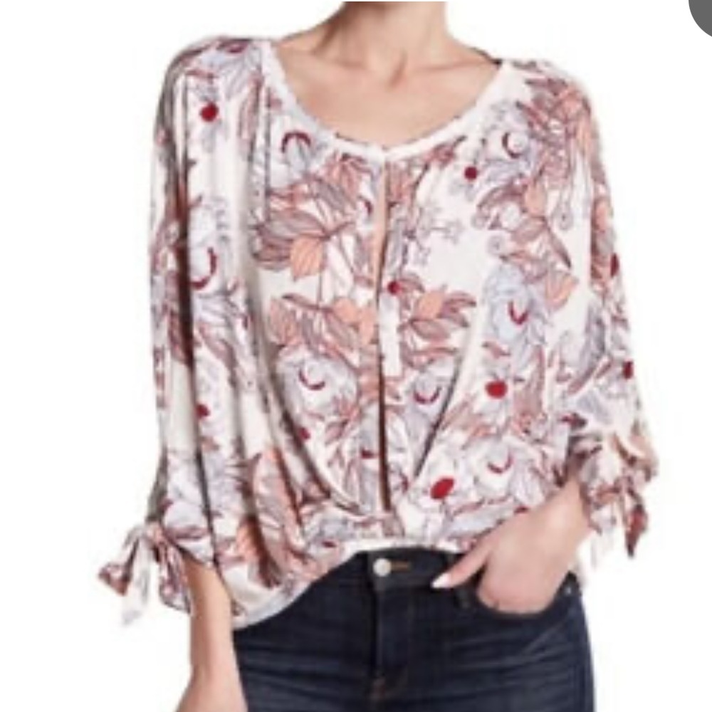 Free People Cream and Red Floral Blouse